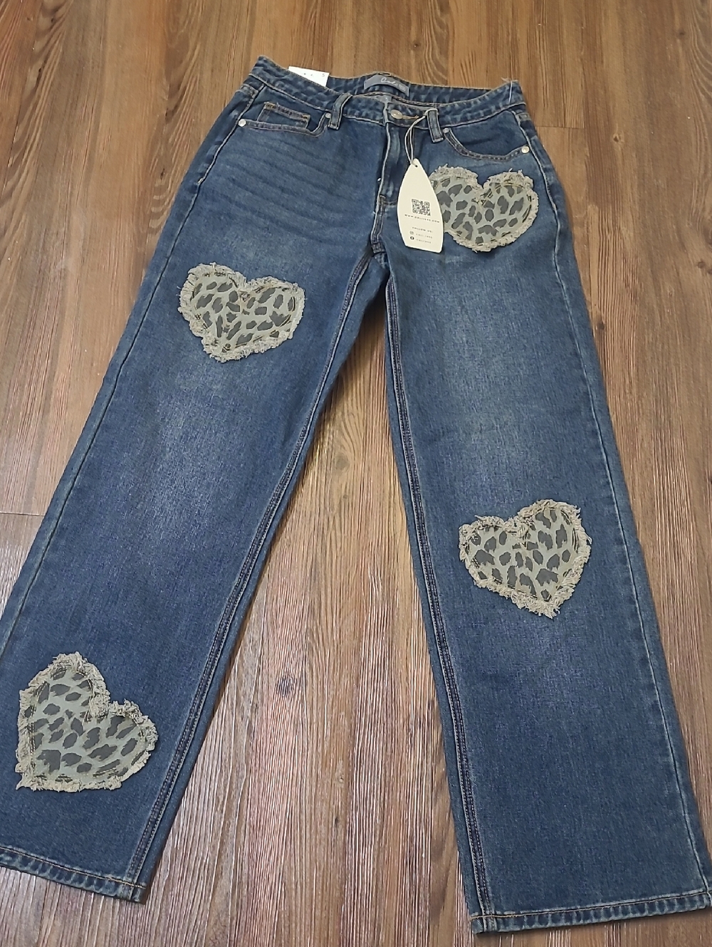 Denim Straight-Leg Jeans with Beige Lace Heart Patches